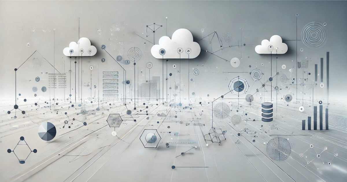 A minimalistic representation of system integration showing connected data flows between Dynamics 365 Finance and Supply Chain Management and external systems like CRM and e-commerce platforms.